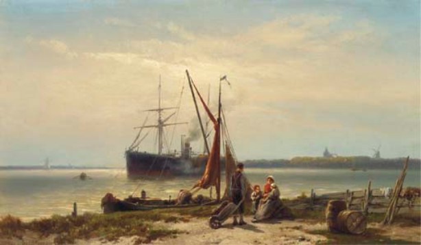 A Steamship Anchored In A River — Johannes Hermann Barend Koekkoek