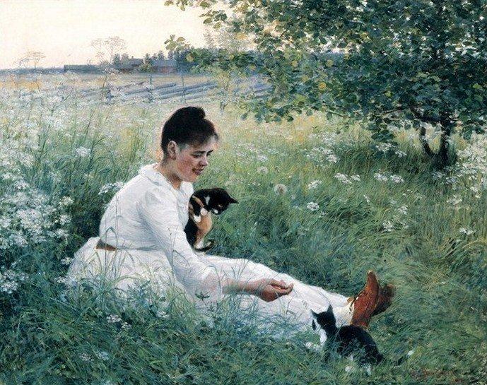 Girl With Cats In A Summer Landscape — Elin Kleopatra Danielson-gambogi