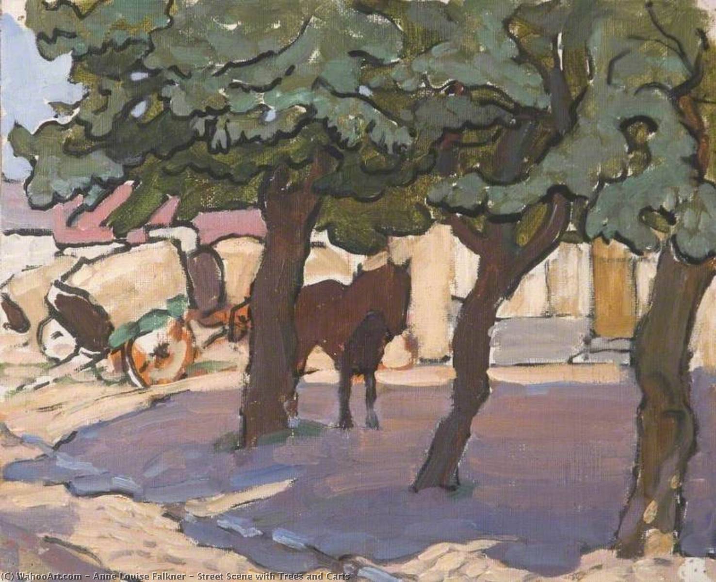 Street Scene With Trees And Carts — Anne Louise Falkner