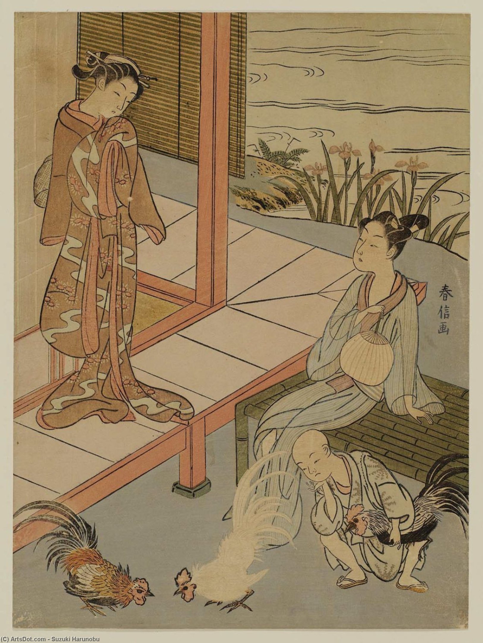 Young Couple And Boy With Fighting Cocks — Suzuki Harunobu
