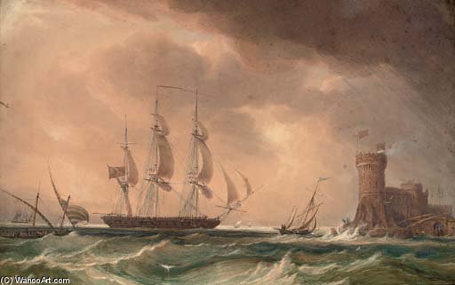 An English Frigate Arriving Off A Fortified Mediterranean Port — John Christian Schetky