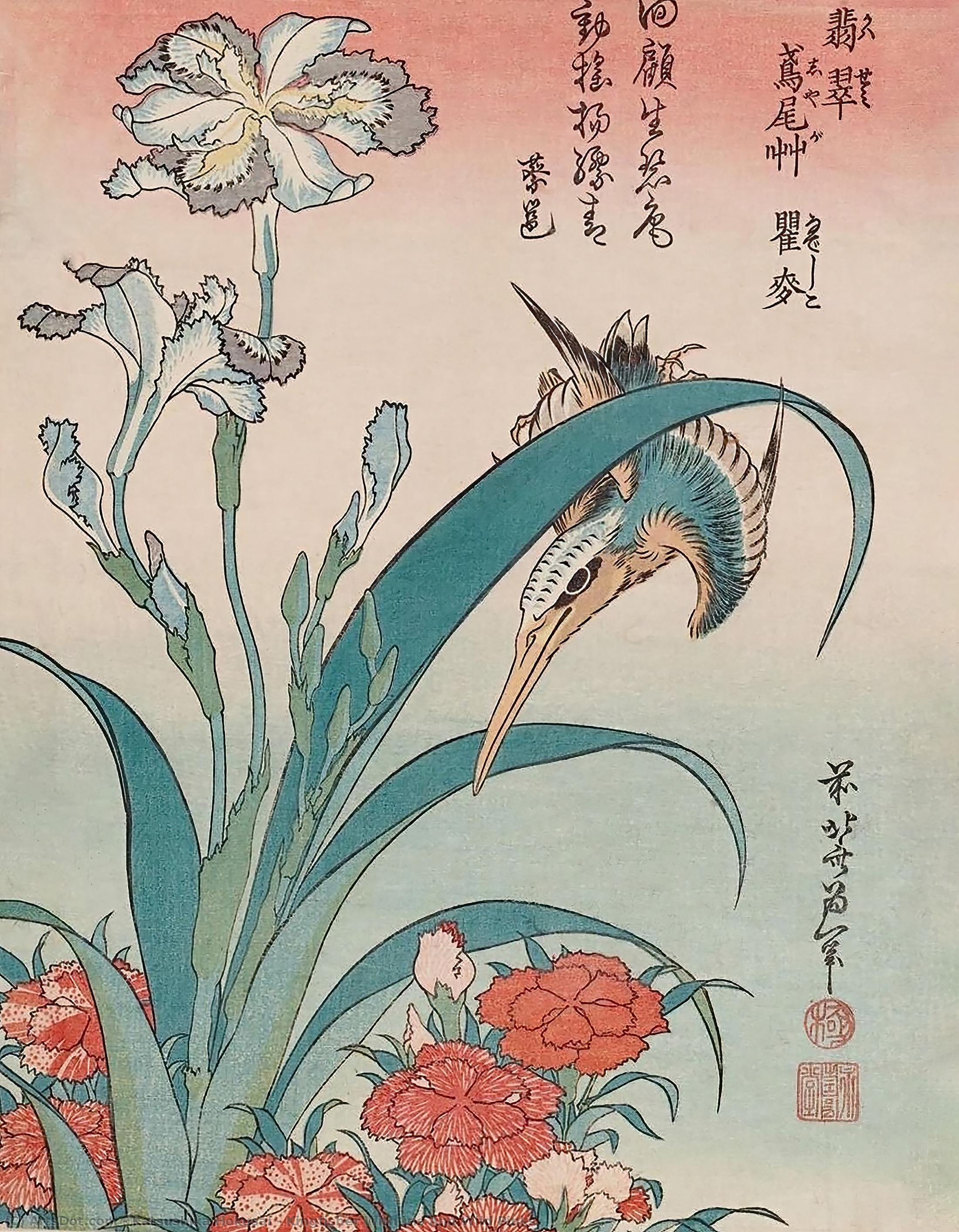 Martín Pescador Con Lirio Y Clavellinas Silvestres — Katsushika Hokusai