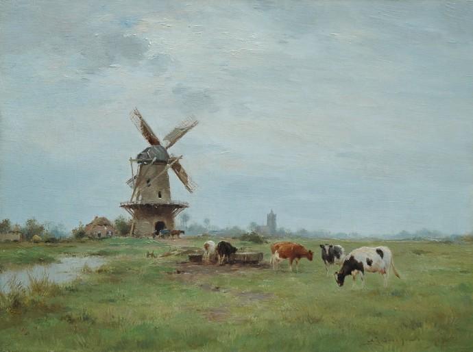 Landscape With Windmill And Cattle — Adrianus Johannes Groenewegen