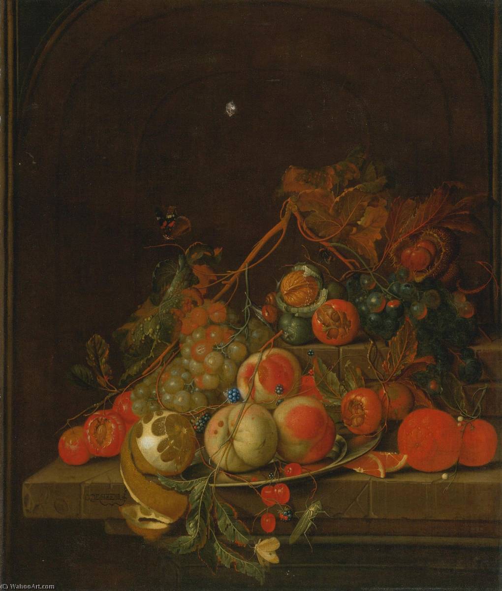 Still Life Of Peaches, Grapes, A Lemon, Oranges And Other Fruit On A Pewter Plate Resting On A Stone Ledge With Nuts, A Grasshopper And A Butterfly, All In A Niche — Cornelis Jansz De Heem