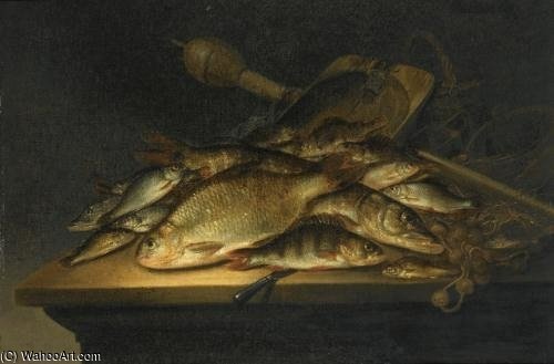 Still Life With Fish, Nets, Fishing Equipment And A Knife On A Table — Pieter De Putter