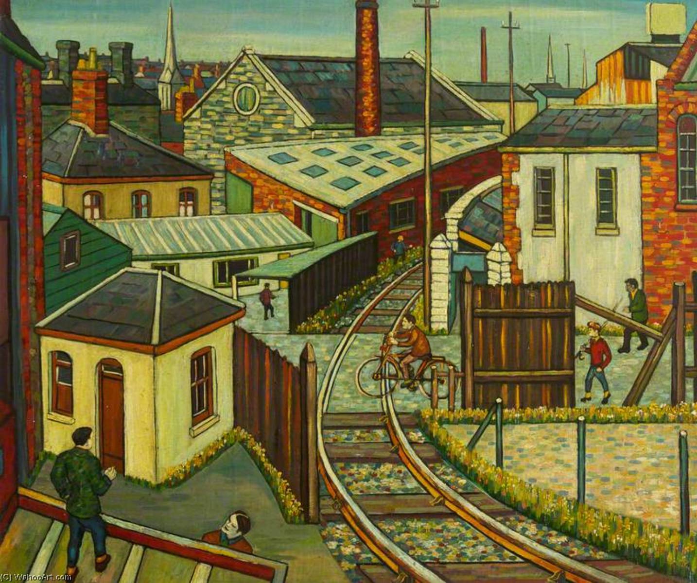 Railway Crossing With A Cyclist, Fisherman And Other Figures — Charles Byrd