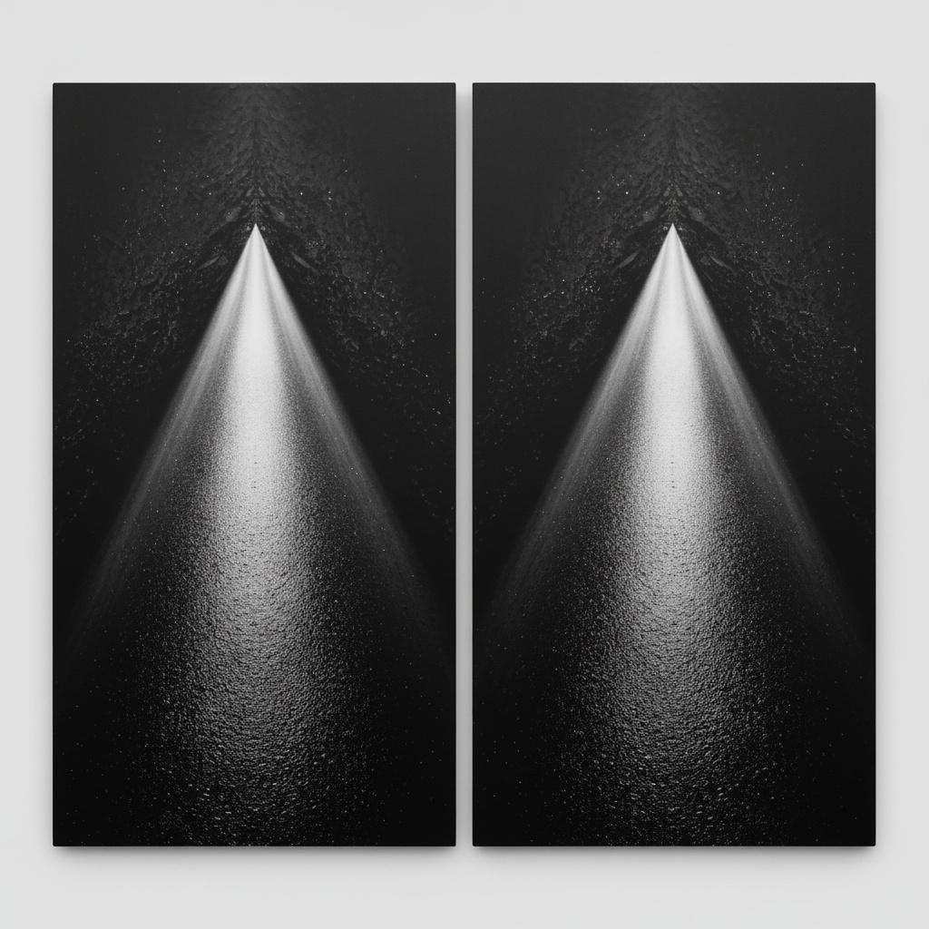 Eternal Radiance Emerging From The Obsidian Void: A Monumental Monochromatic Diptych — Laurent Vionnet