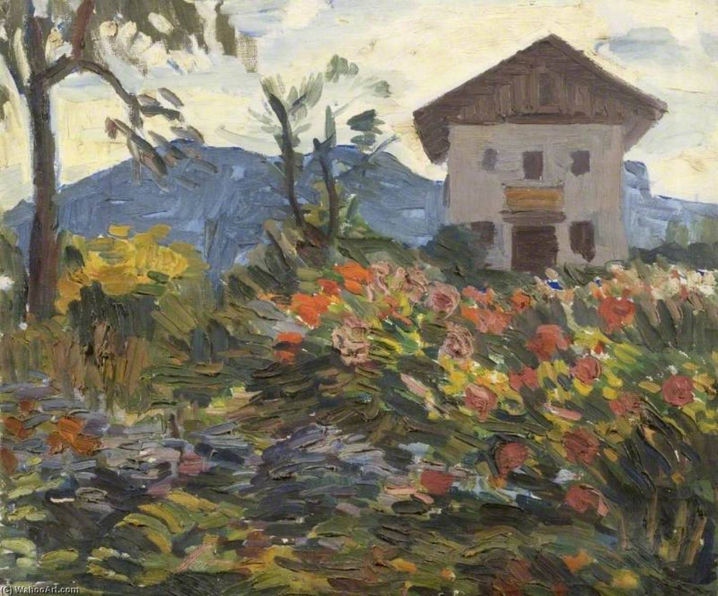 A Mass Of Flowers With A House And A Mountain Beyond — Theodor Kern