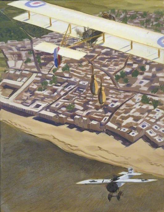 British 'maurice Farman' Attacked By A German 'fokker' While Dropping Sacks Of Corn On Kut El Amara During The Siege Of 1916 — Sydney William Carline