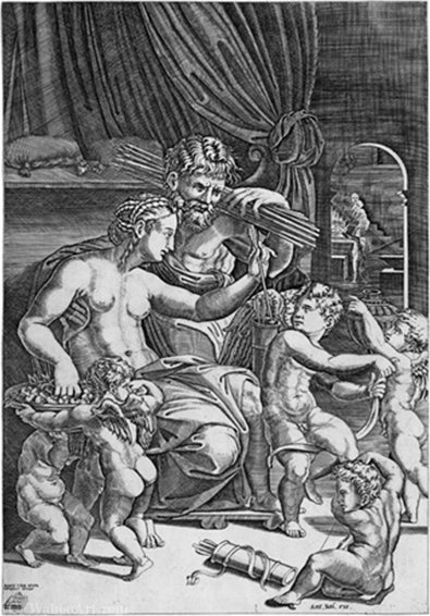 Venus And Volcano Surrounded By Small Putti — Agostino Dei Musi