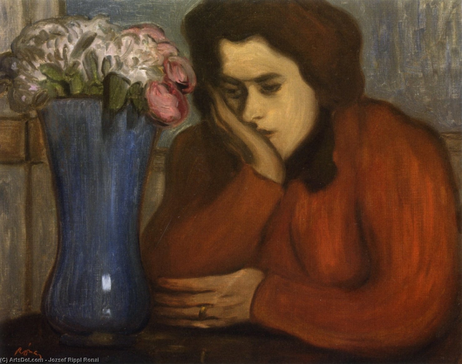 Pensive Woman With Vase Of Flowers — József Rippl-rónai