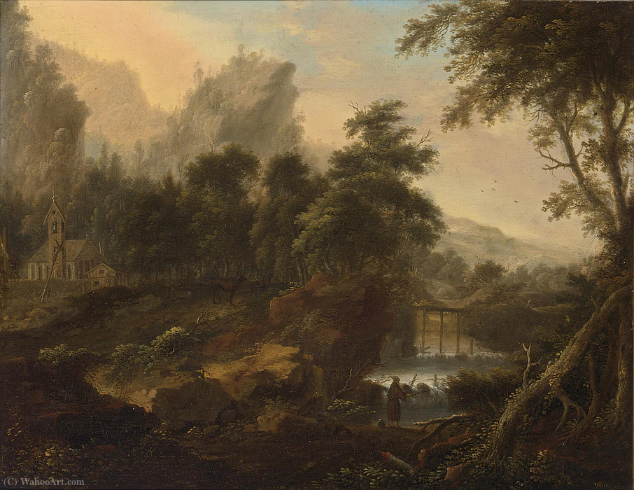 A Wooded Landscape With An Angler By A Waterfall, A Church And Deer In The Background — Johann Christian Vollerdt Or Vollaert