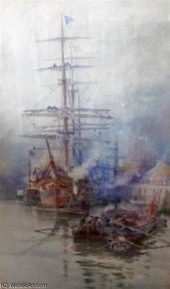 Three Masted Ship Being Tugged Out Of Port — Charles John De Lacy