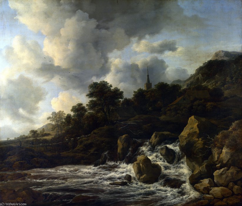 A Waterfall At The Foot Of A Hill, Near A Village — Jacob Isaackszoon Van Ruisdael