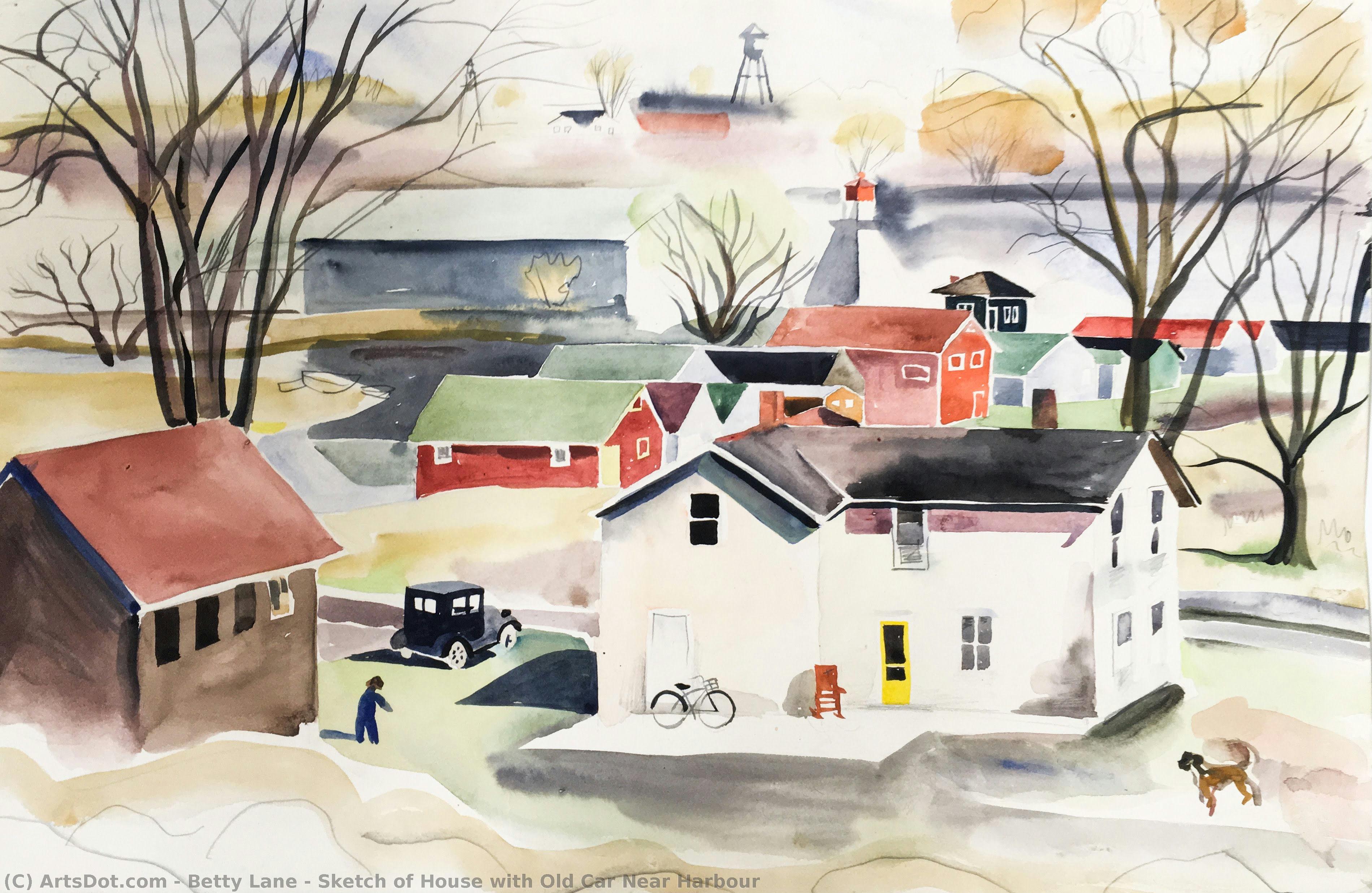 Sketch Of House With Old Car Near Harbour — Betty Lane