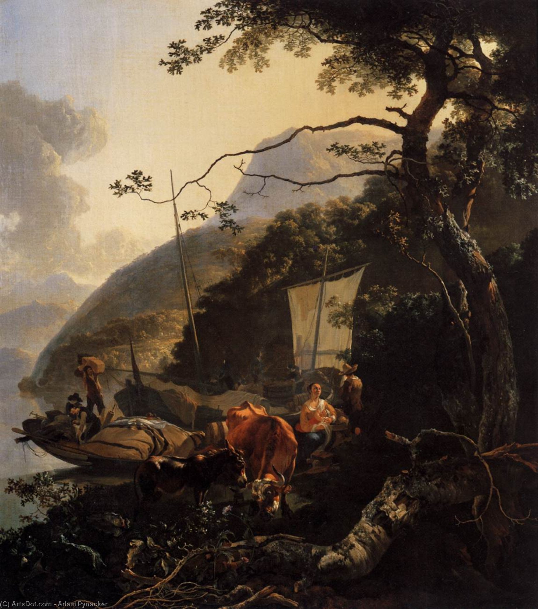 Boatmen Moored On The Shore Of An Italian Lake — Adam Pynacker