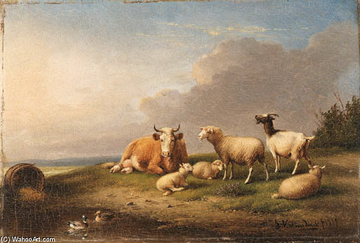 Sheep And A Cow Grazing On A Hillside — Franz Van Severdonck