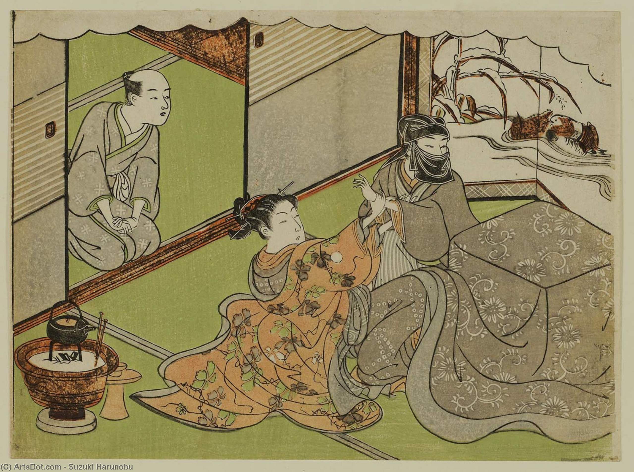 Woman Holding Wrist Of Man With A Hood Over His Head And Face — Suzuki Harunobu
