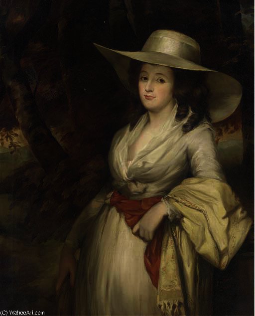 Portrait Of A Lady, Three-quarter-length, In A White Dress And Straw Hat — George Romney