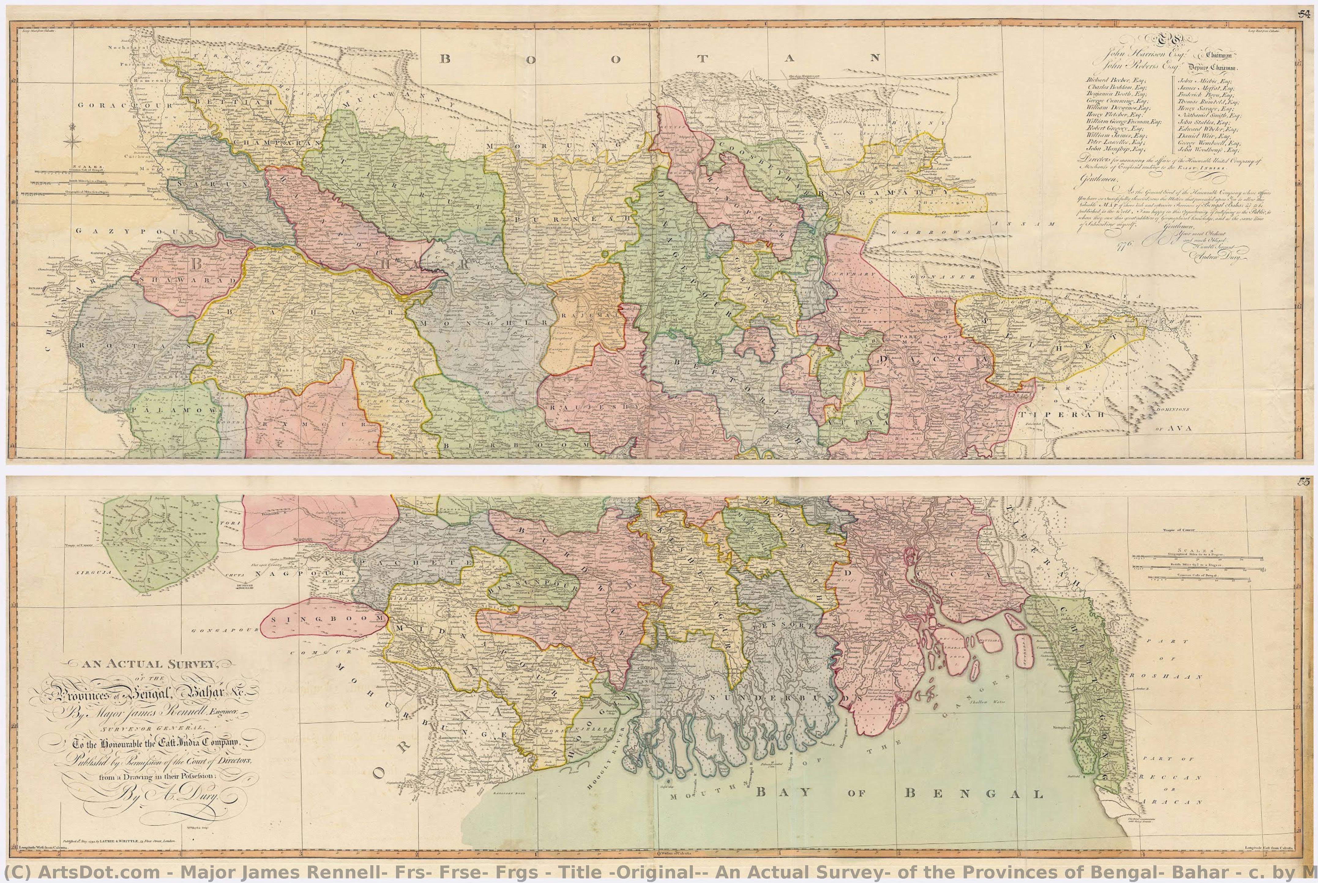 Title (original): An Actual Survey, Of The Provinces Of Bengal, Bahar & C. By Major James Rennell Esq. Engineer To The Honorable The East India Company. Published By Permission Of The Court Of Directors From A Drawing In Their Possession By A. Dury. — Major James Rennell, Frs, Frse, Frgs
