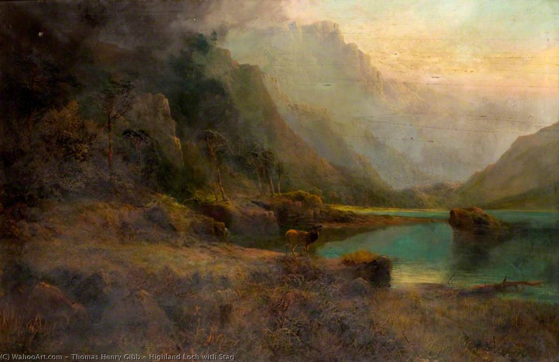 Highland Loch With Stag — Thomas Henry Gibb