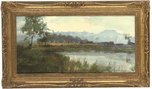 Corn Stooks Along A River Bank, A Castle Beyond — Archibald Kay