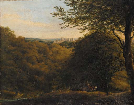 Deers In A Wooded Landscape, A Hilltop Castle Beyond — William Havell