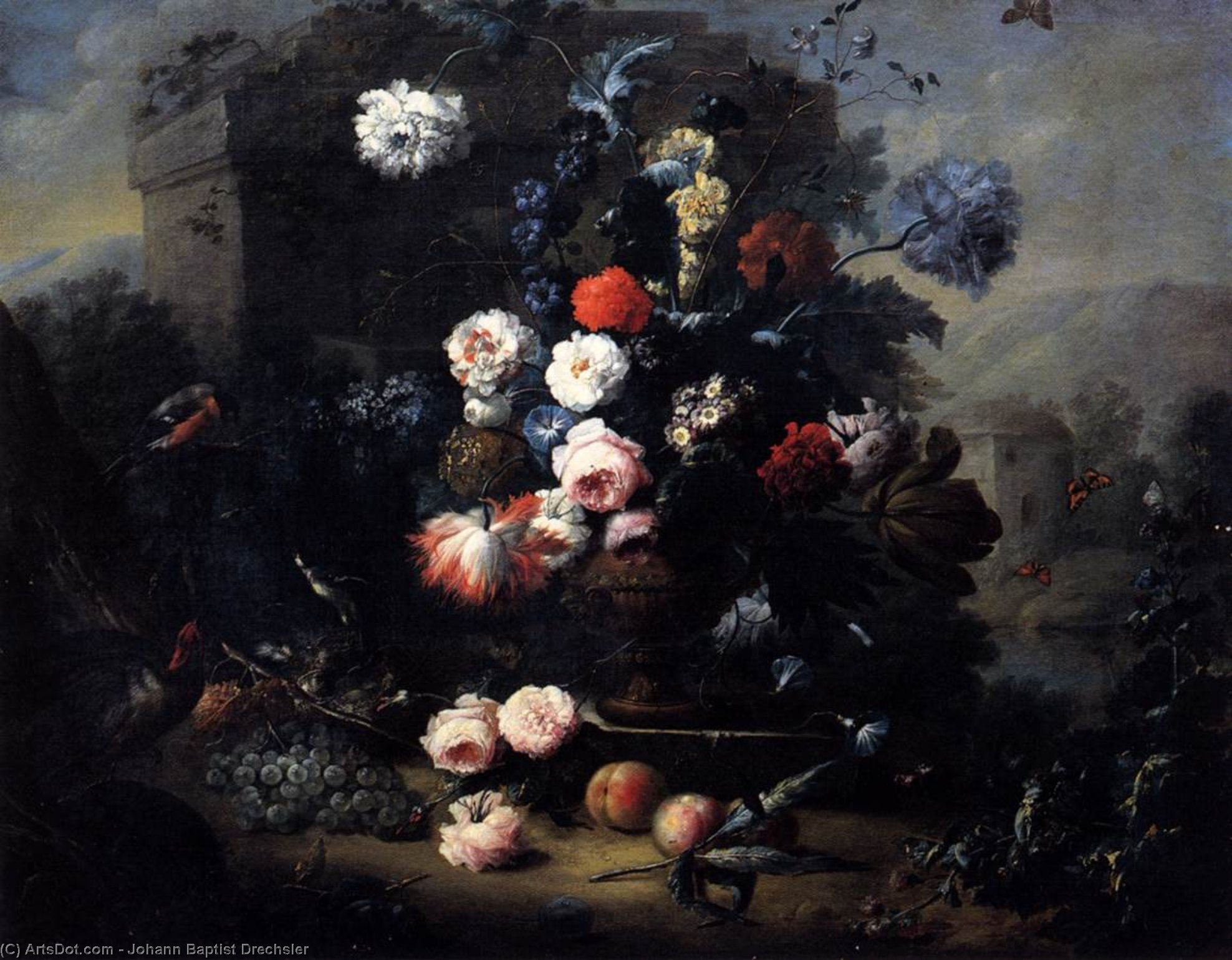 Still-life With Flowers, Fruit And Birds In The Open — Johann Baptist Drechsler