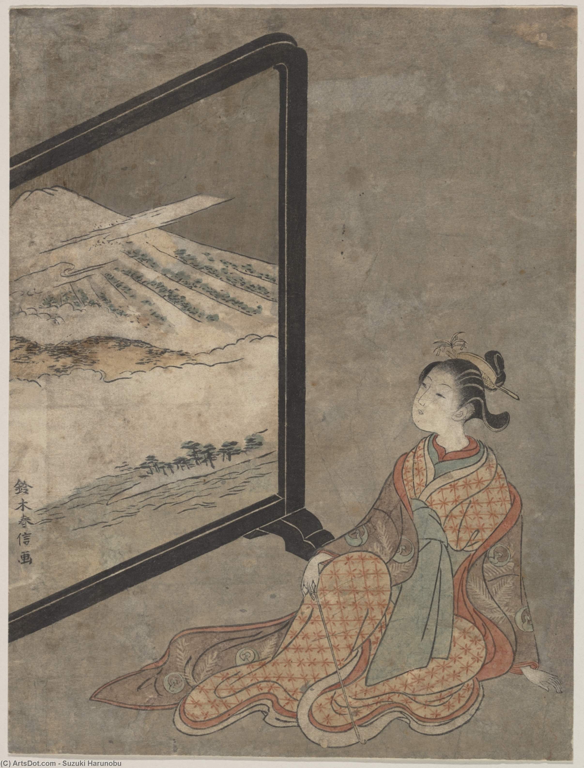 Young Woman With A Pipe In Her Hand Gazing At Landscape Painted On A Screen — Suzuki Harunobu