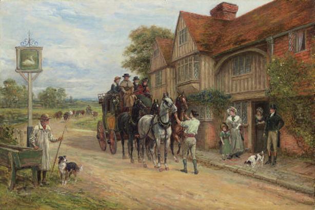 A Coach And Four Outside The Swan Inn — Heywood Hardy