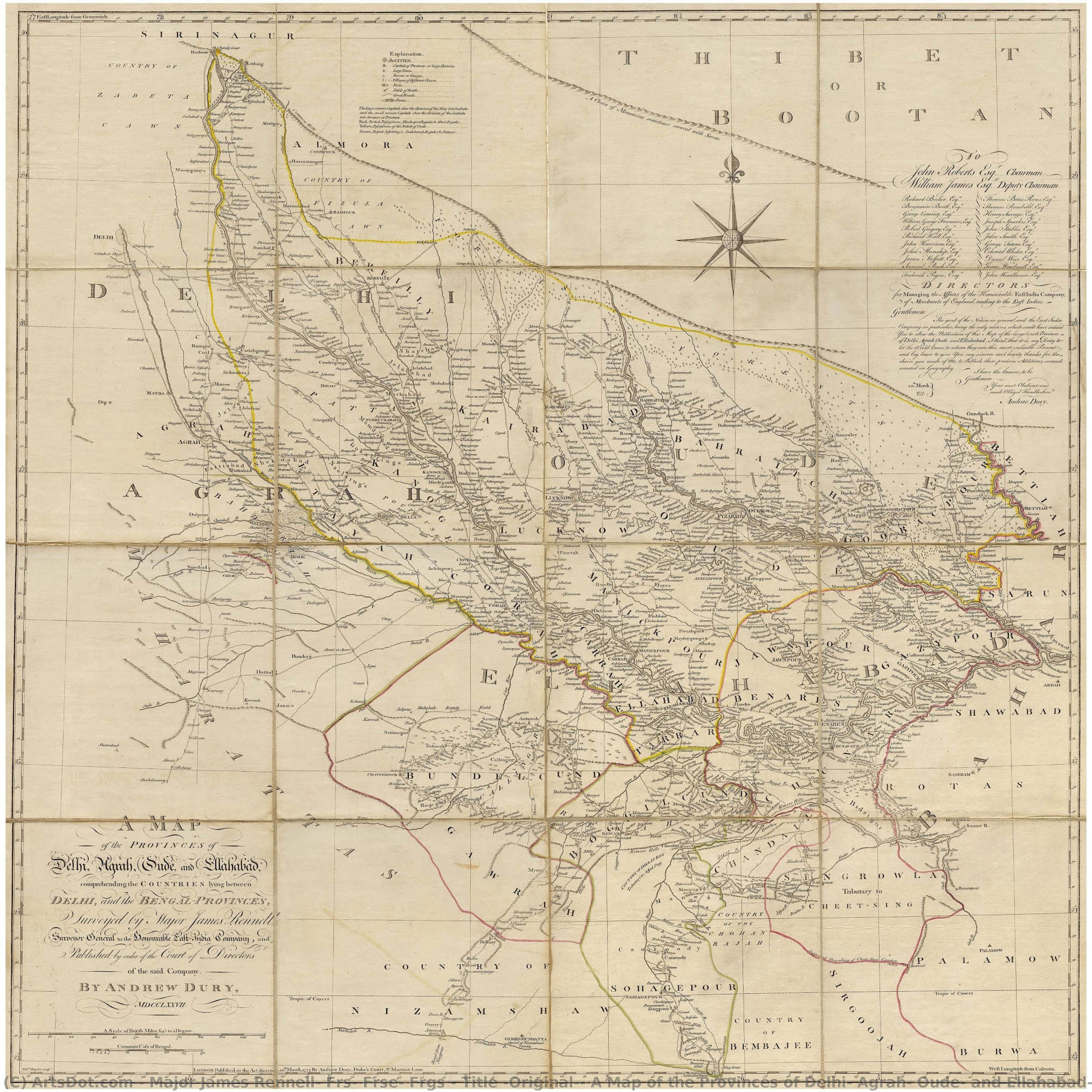 Title (original): A Map Of The Provinces Of Delhi, Agrah, Oude, And Ellahabad, Comprehending The Countries Lying Between Delhi, And The Bengal-provinces, Surveyed By Major James Rennell, Surveyor General To The Honorable East-india Company, And Publi.... — Major James Rennell, Frs, Frse, Frgs
