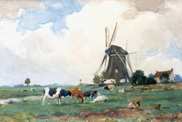 Cows And Chickens Near A Windmill — Adrianus Johannes Groenewegen