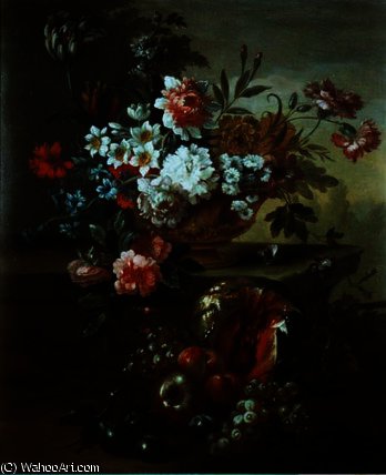 Still Life Of Flowers In An Urn With Fruit — Pieter Casteels Iii