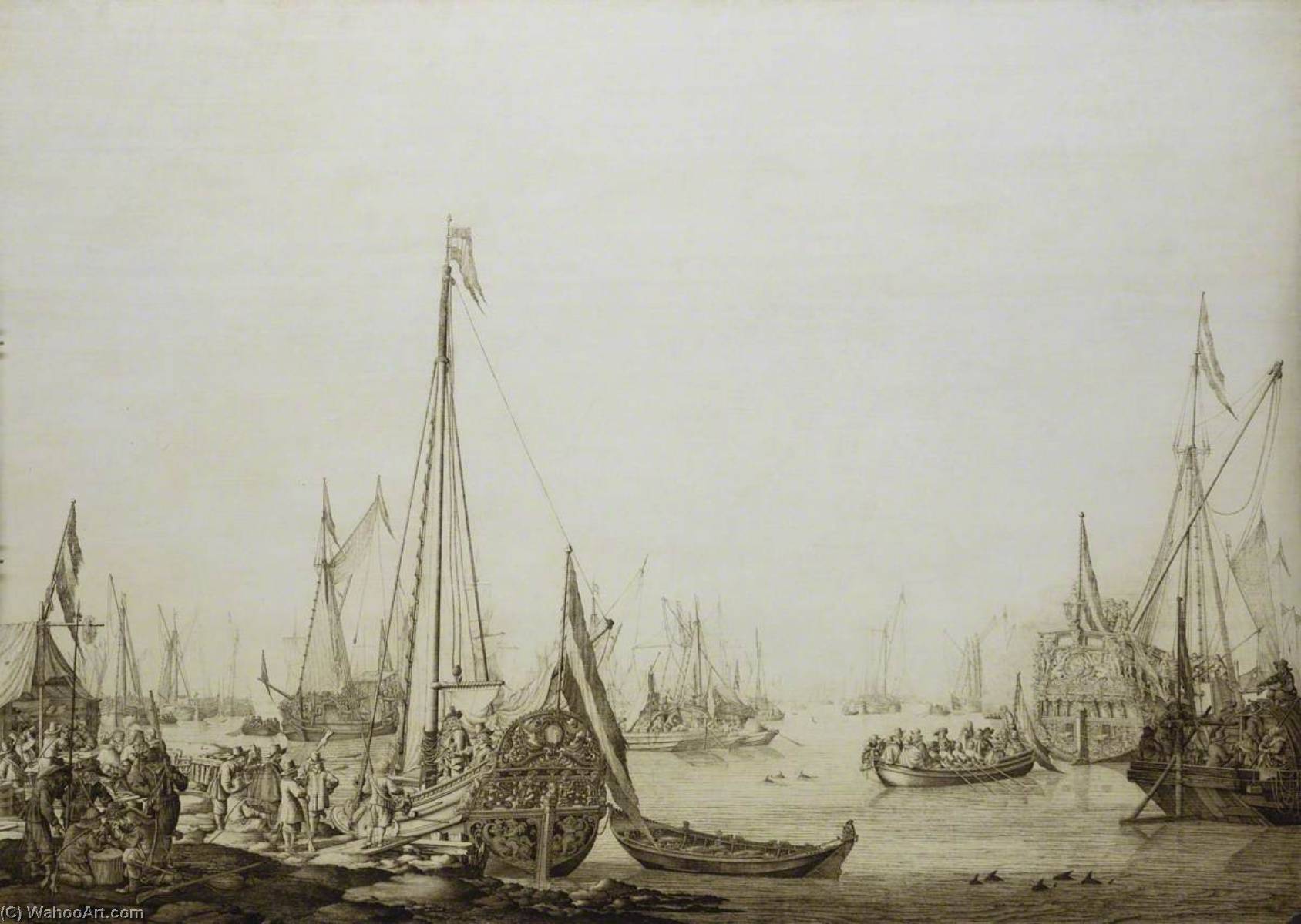 A Dutch Bezan Yacht And Many Other Vessels In A Crowded Harbour Beside A Tavern — Willem Van De Velde The Elder