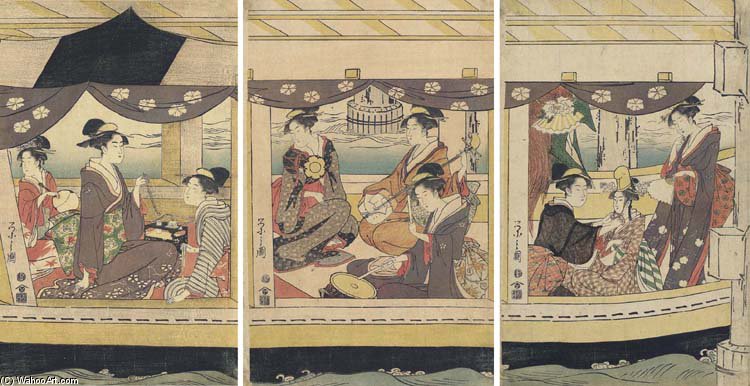A Group Of Courtesans And Kamuro In A Large Boat Playing On Drums And On The Shamisen — Chobunsai Eishi