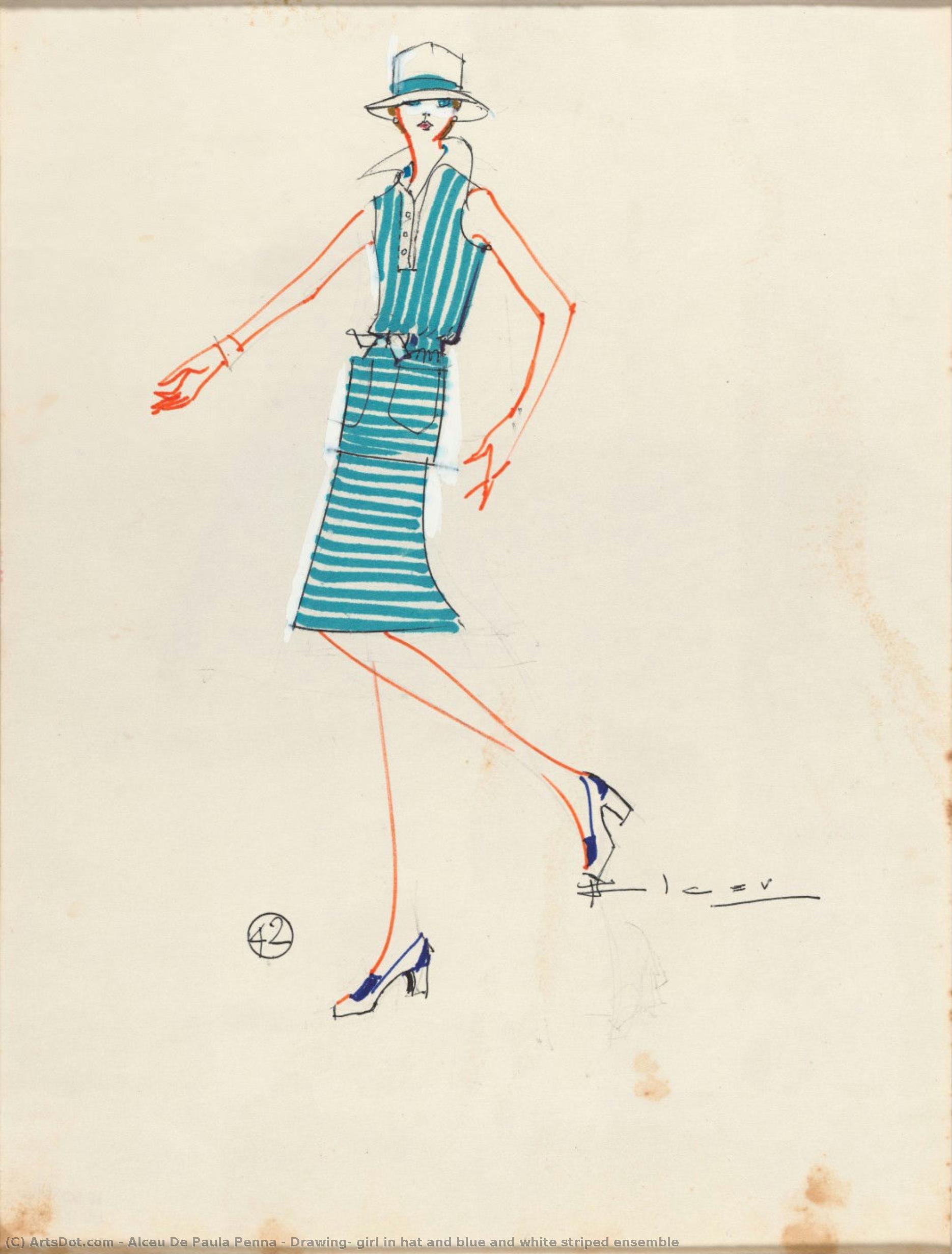 Drawing, Girl In Hat And Blue And White Striped Ensemble — Alceu De Paula Penna