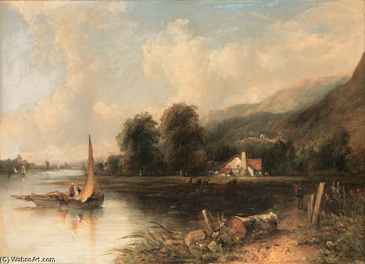 An Extensive Wooded River Landscape With Fishermen In The Foreground And Cattle And A Cottage Beyond — Frederick Waters (william) Watts
