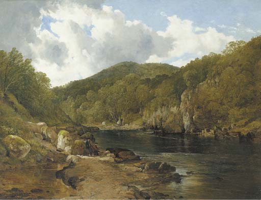 A Scottish Wooded River Landscape With Anglers On The Rocks — Frederick Richard Lee