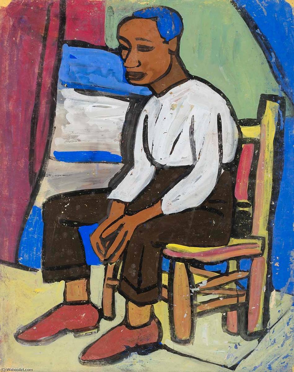 Seated Man With Red Shoes And Blue Hair — William H. Johnson