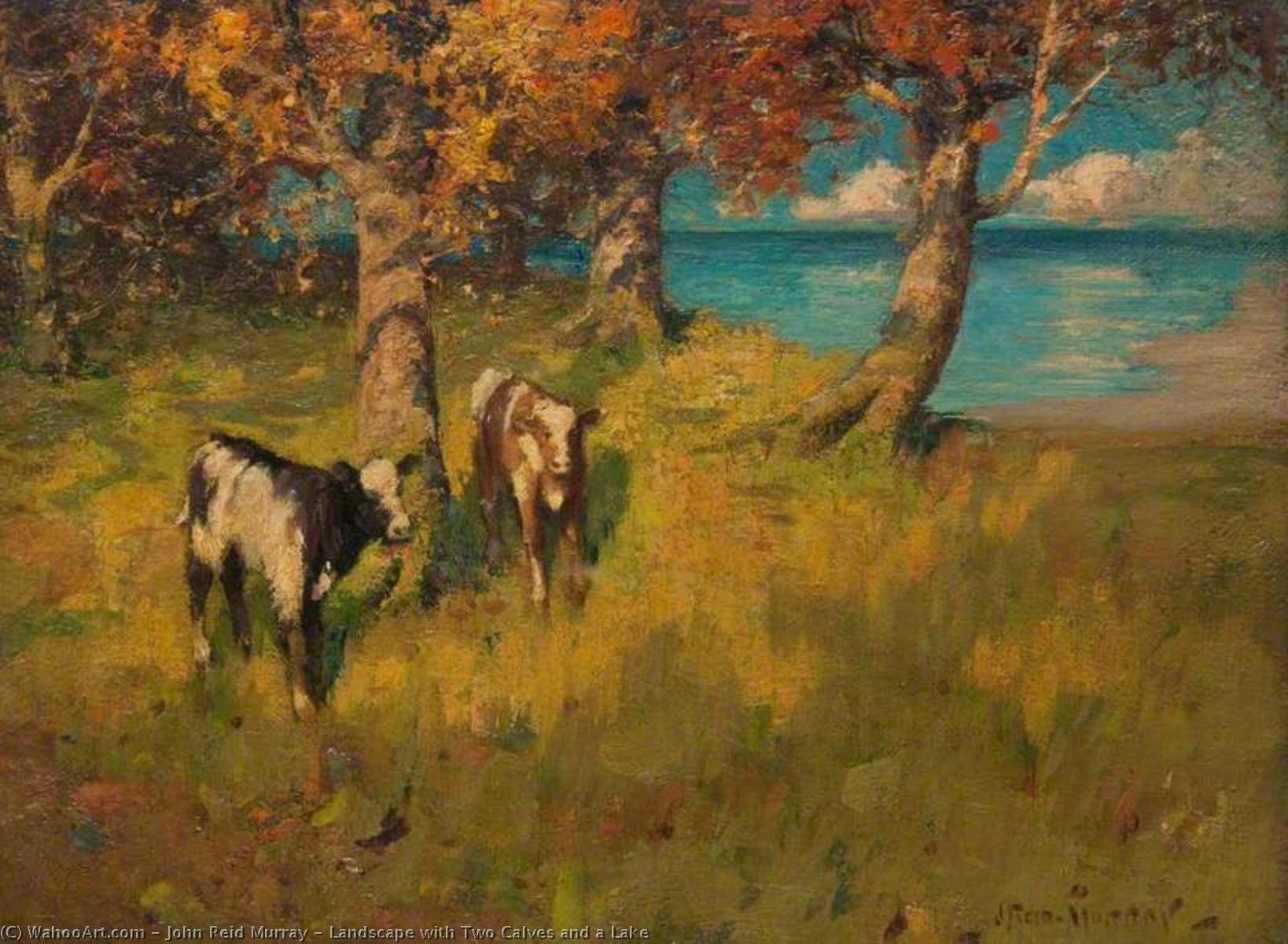 Landscape With Two Calves And A Lake — John Reid Murray