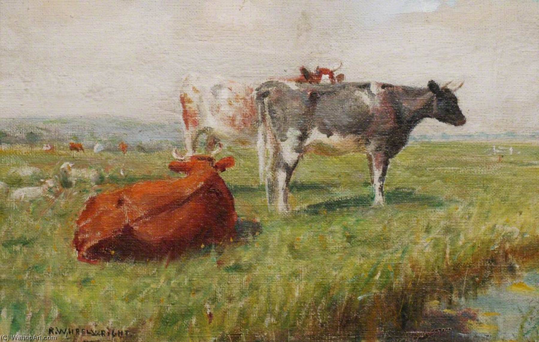 Cows And Sheep In A Water Meadow — Rowland Wheelwright