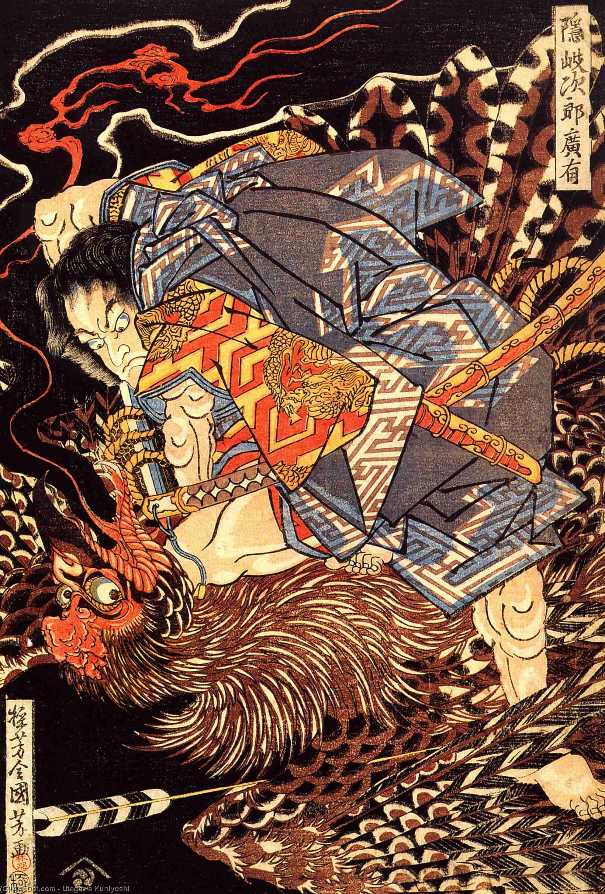Oki No Jiro Hiroari Tötet Einen Monströsen Tengu — Utagawa Kuniyoshi