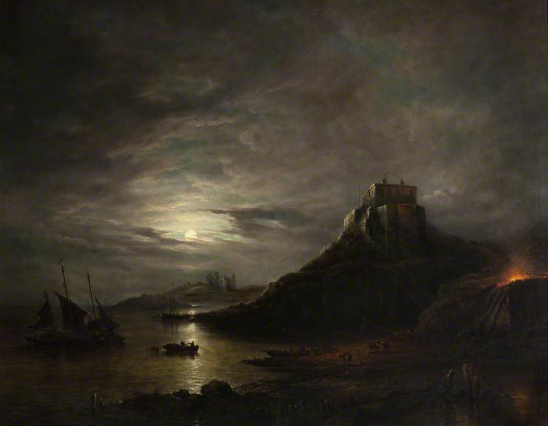 Lindisfarne Castle And Abbey, Holy Island, By Moonlight — John Moore Von Ipswich