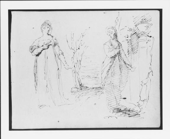 Two Standing Women Flanking An Opening Onto A Landscape, Two Pedistals With Urns At Right — Томас Салли