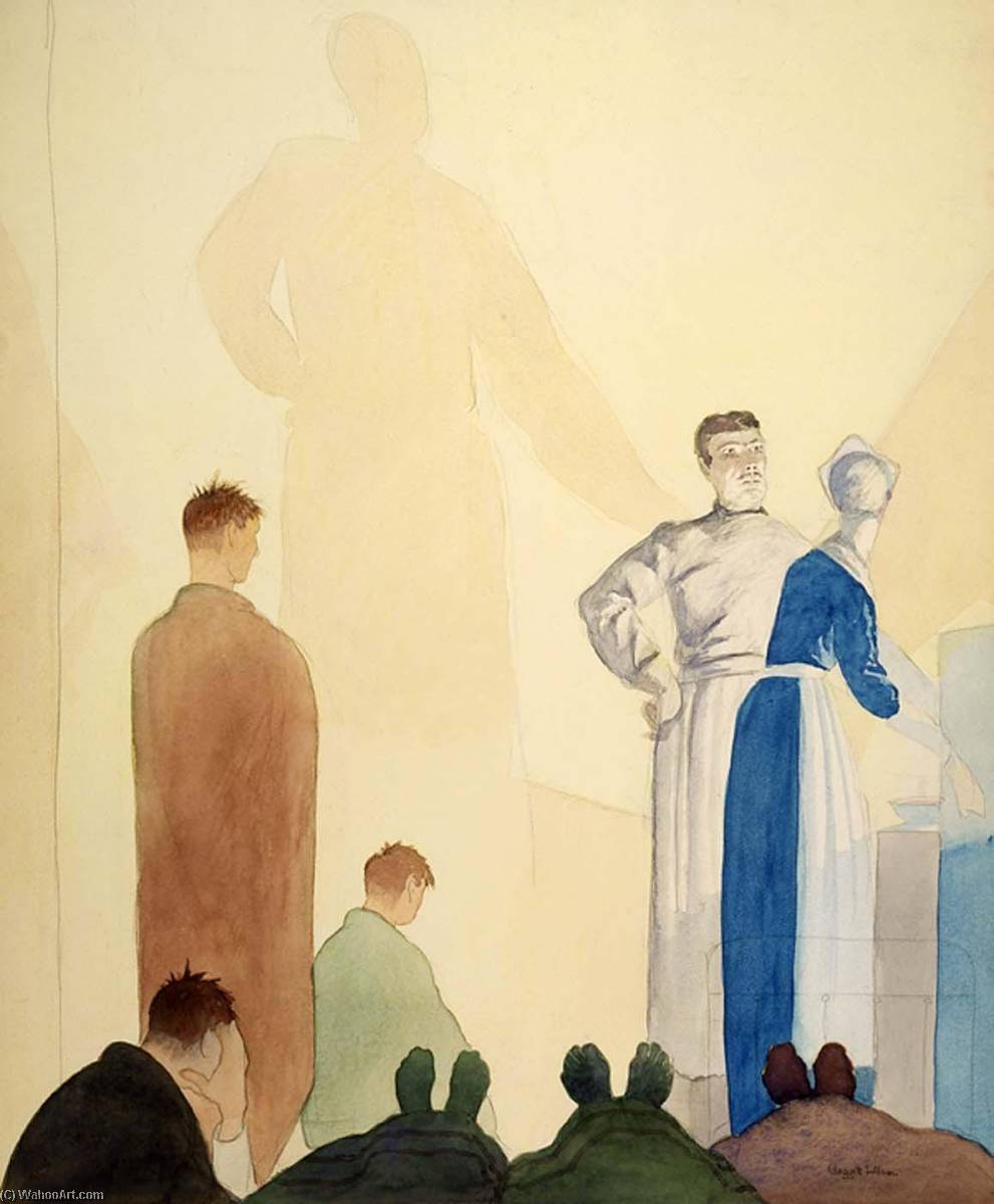 Hospital On The Stretcher Where I Lay I Opened My Eyes And Great Shadows Quivered On The Wall. The Feet Of The Row In Front Of Me Stuck Up Like Footlights At The Play — Claggett Wilson