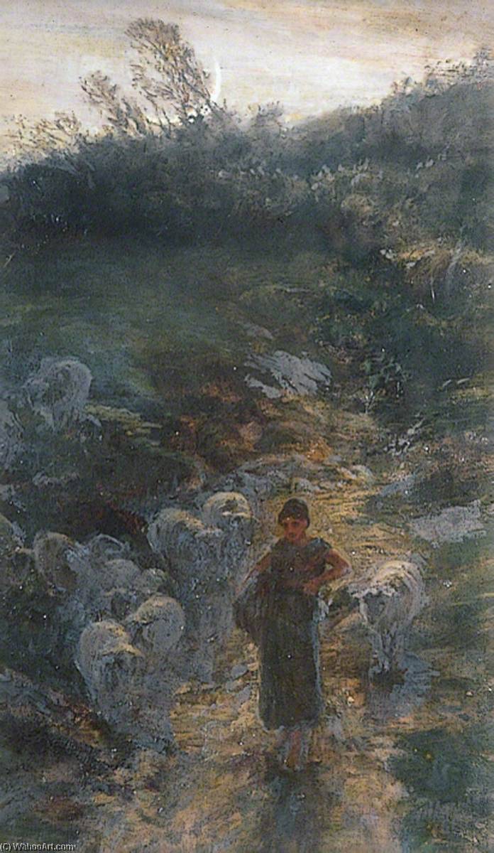 Shepherd Girl With Sheep In Moonlight — Thomas Hope Mclachlan