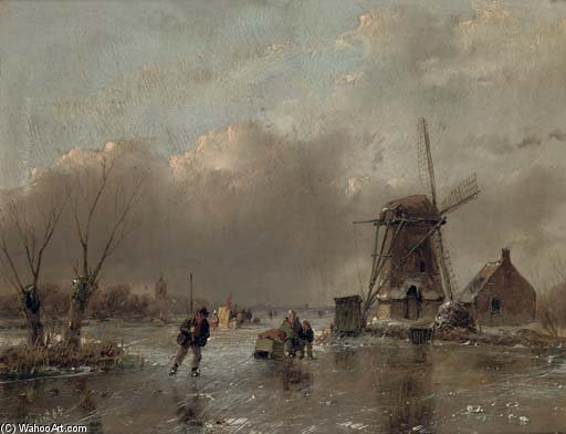 Skaters By A Mill With A Koek En Zopie Beyond — Andreas Schelfhout