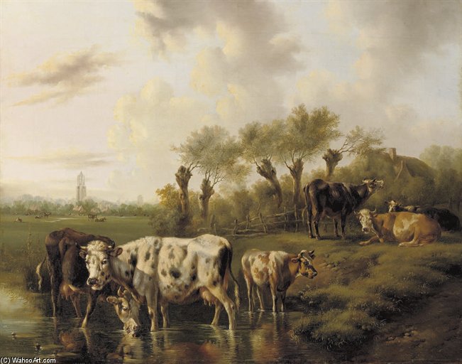 Cattle In A Meadow With The City Of Utrecht In The Distance — Albertus Verhoesen