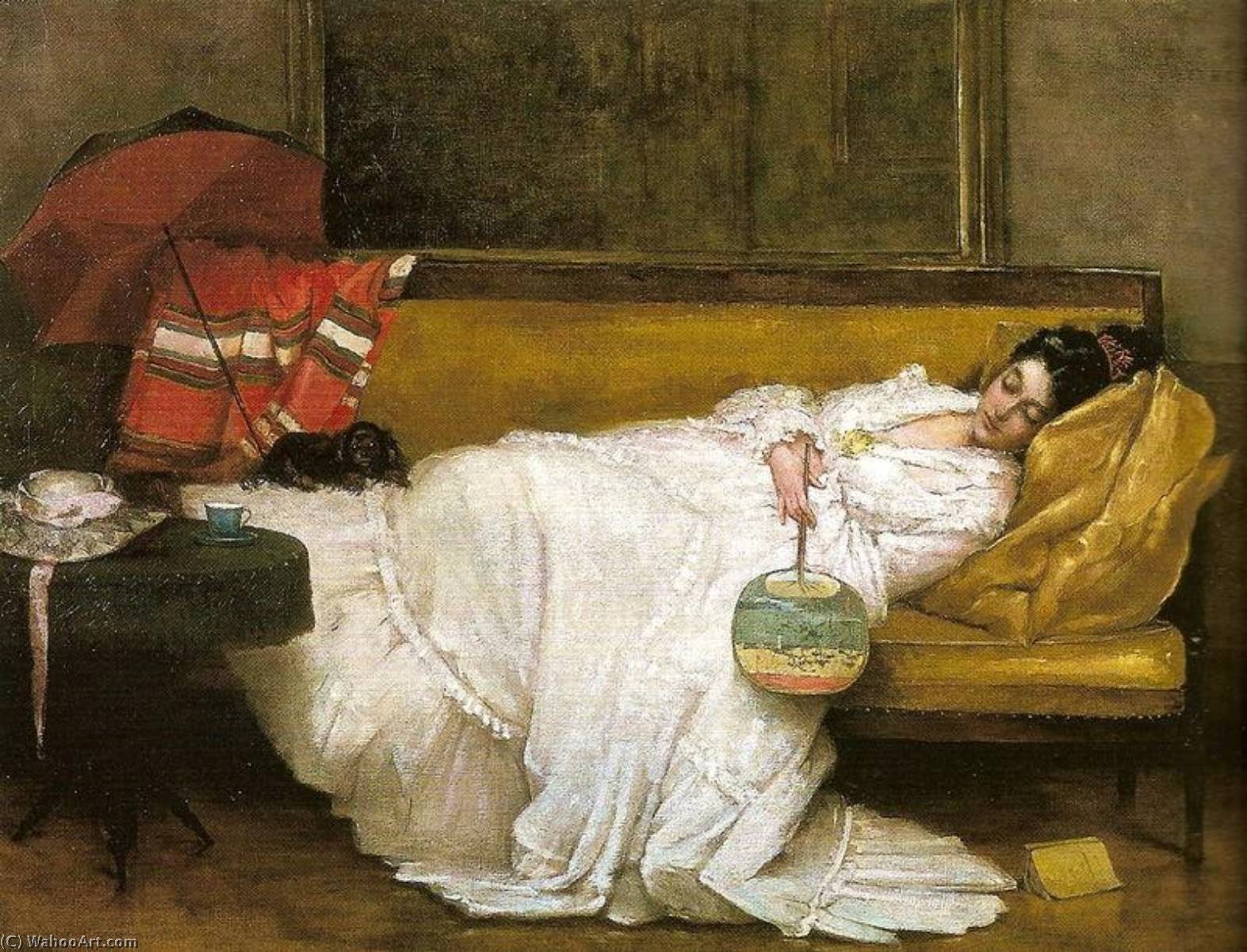 Girl In A White Dress Resting On A Sofa — Alfred Émile Léopold Stevens