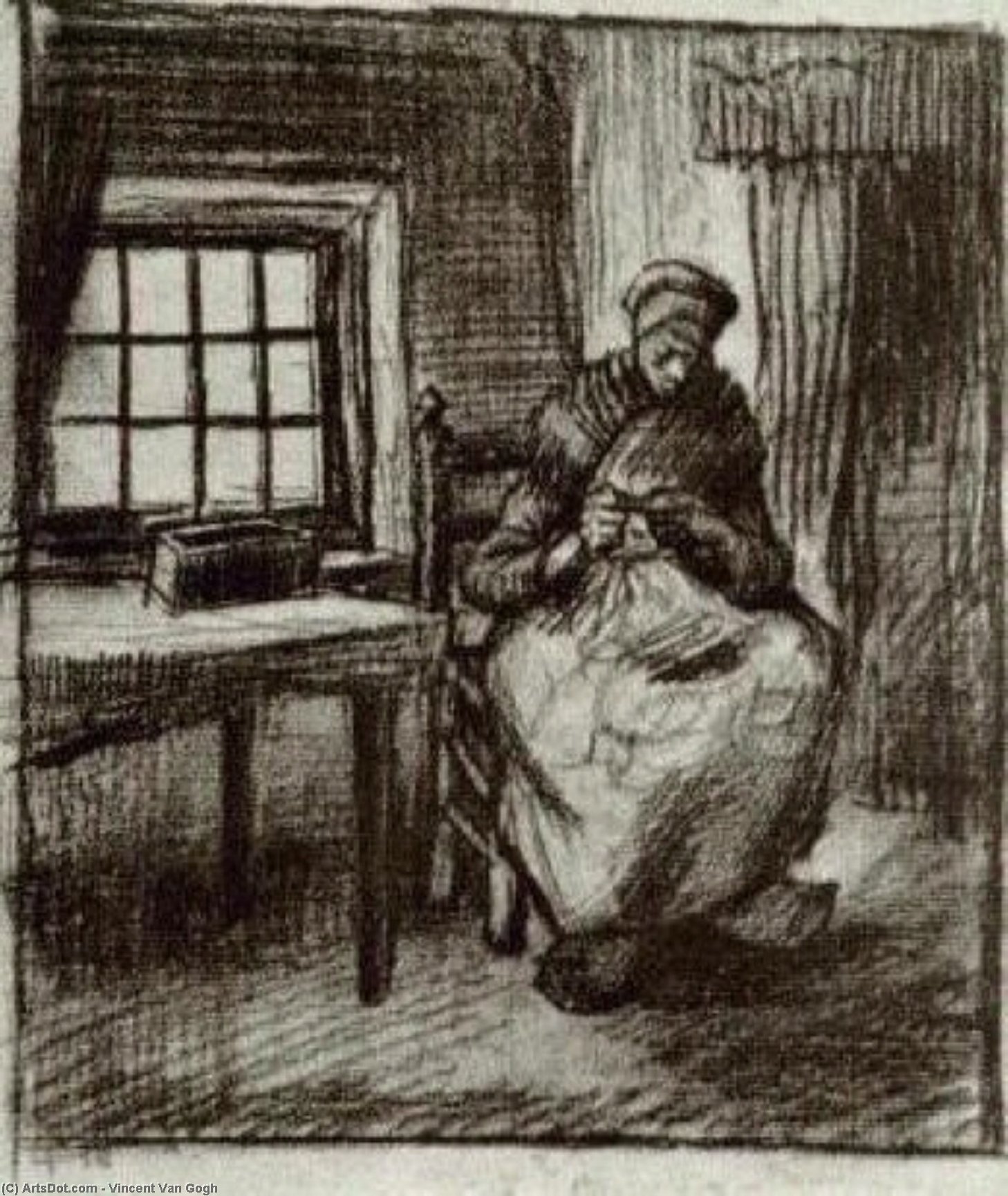 Interior With Peasant Woman Sewing — Vincent Willem Van Gogh
